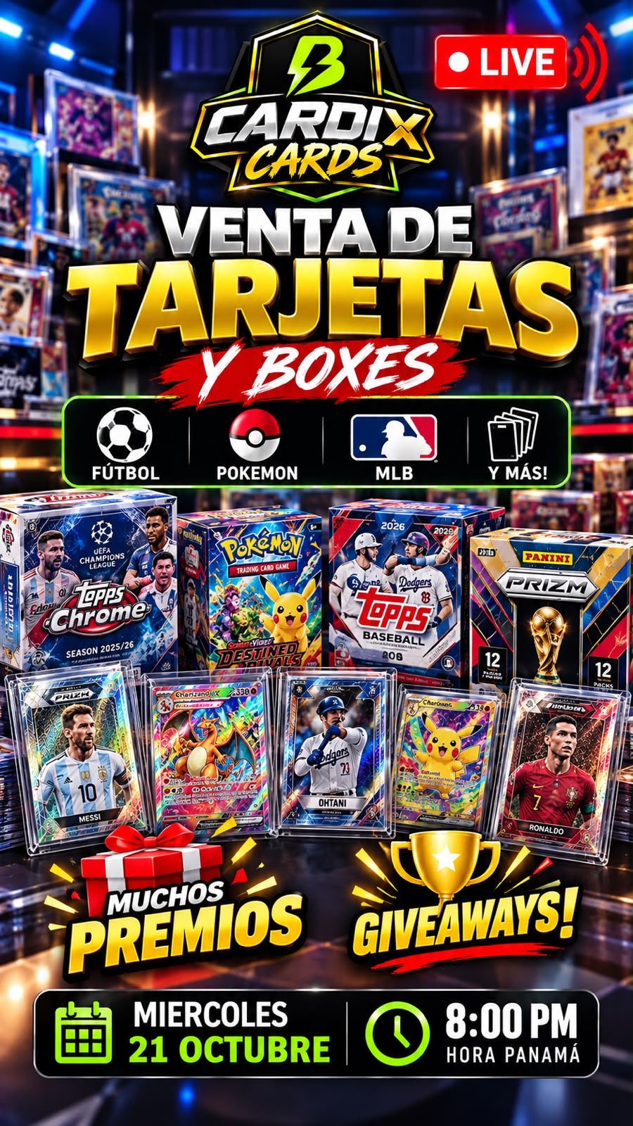 🏆 CARDIX LIVE - 🟡Pokémon, Fútbol⚽️, MLB ⚾️Desde $1 y venta de boxes 🎁 ¡PREMIOS, GIVEAWAY Y MÁS!🎉